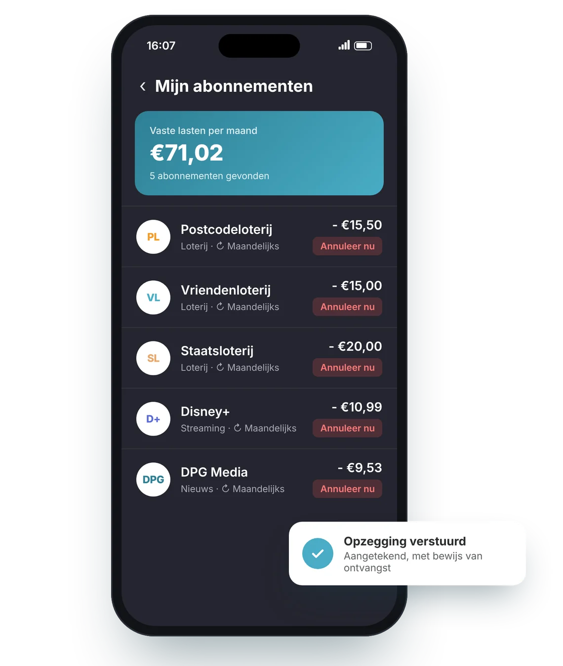 Abonnementenoverzicht in een app met per abonnement een knop Annuleer nu